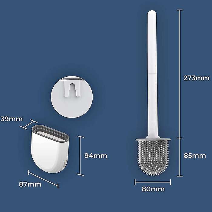 2PCS Silicone Toilet Brush Bathroom Bowl Toilet Brushes and Holders Set Bristle with No-Slip Long Ha
