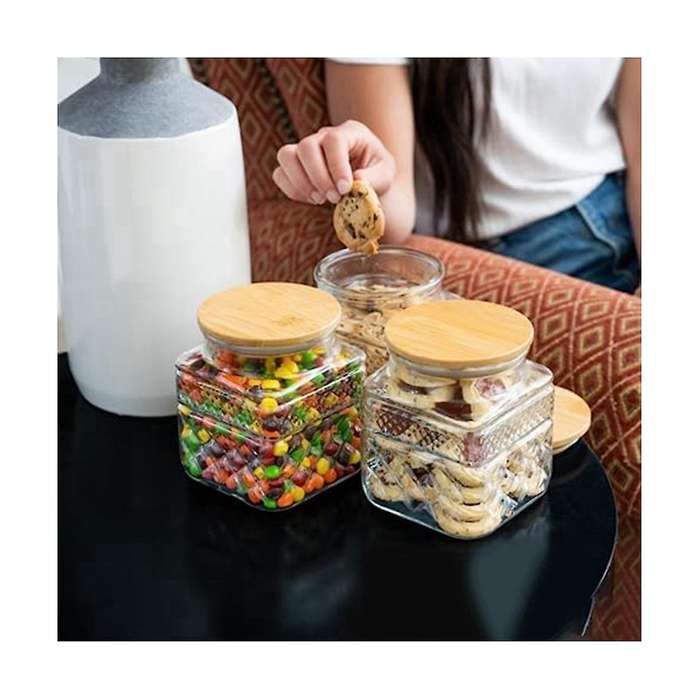 2pcs Square Glass Jars with Vintage , Coffee Pasta Sugar Tea Snack Nuts Cookie Jar Kitchen Decor
