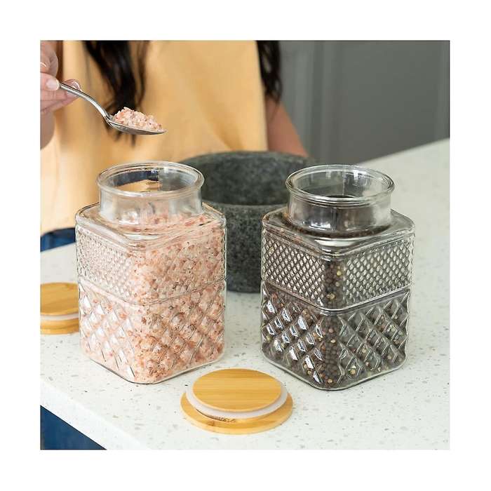 2pcs Square Glass Jars with Bamboo Lid Coffee Pasta Sugar Tea Snack Nuts Cookie Jar with Airtight Li