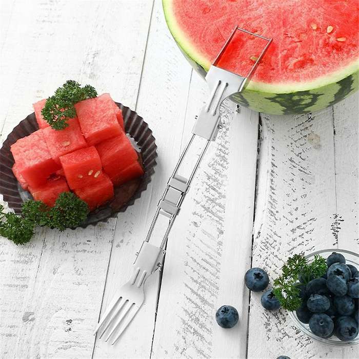 2pcs Stainless Steel Fruit Cutter, Foldable Watermelon Fork Slicer Tool, Dual Head Foldable Fruit Fo