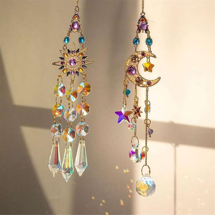 2PCS Suncatcher Crystal Pendant Sun Moon Window Prisms Rainbow Vintage Wind Chimes Hanging Light Cat