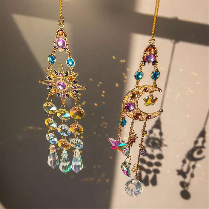 2PCS Suncatcher Crystal Pendant Sun Moon Window Prisms Rainbow Vintage Wind Chimes Hanging Light Cat