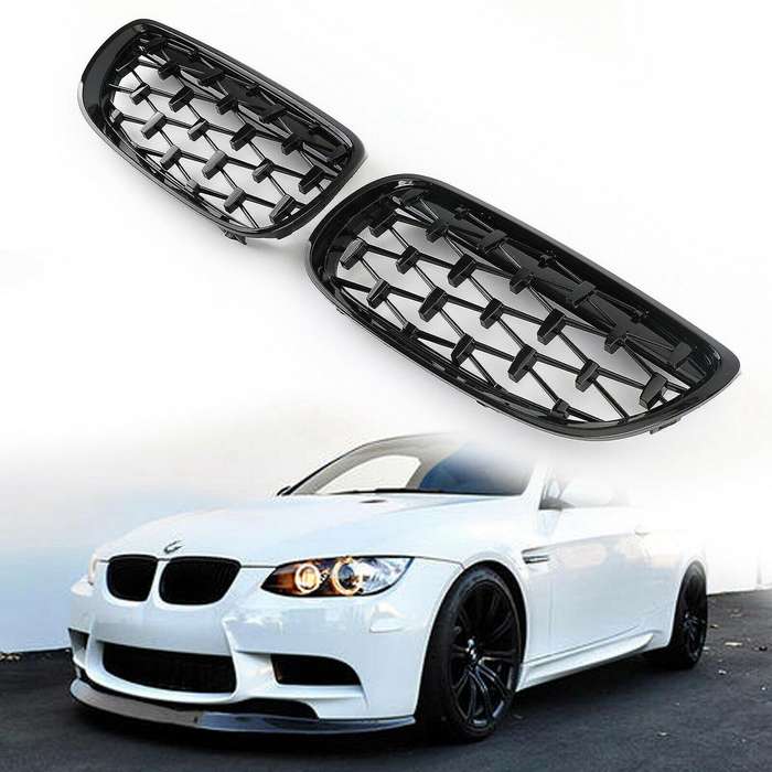 2X Car Front Bumper Hood Kidney Grille Diamond Meteor Racing Grill Glossy Black for - 3 Series E92 E