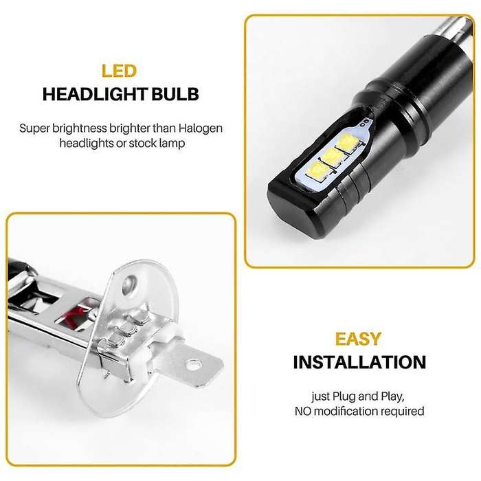2X H1 6000K Super White 6000LM DRL LED Headlight Bulb Kit High-Beam