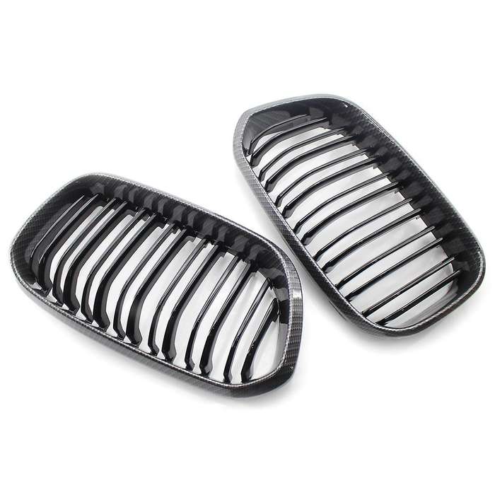 2X Glossy Black Carbon Fiber Front Grill Double Line Kidney Grille for F20 1 SERIES 2015-2017