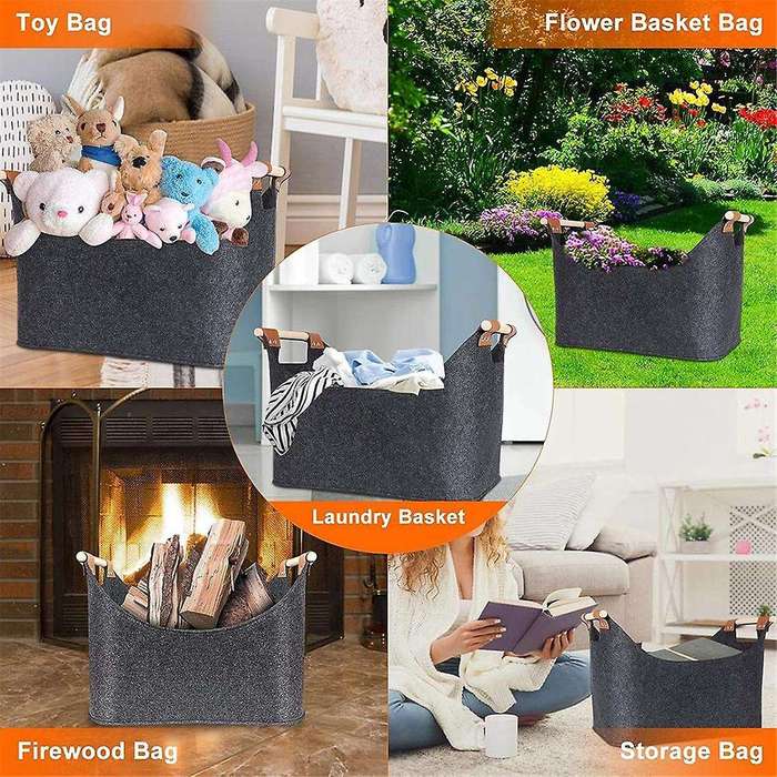 2xstorage Basket Felt, Foldable Storage Bin with Wood Handles, Storage Box for Wood Firewood Winter