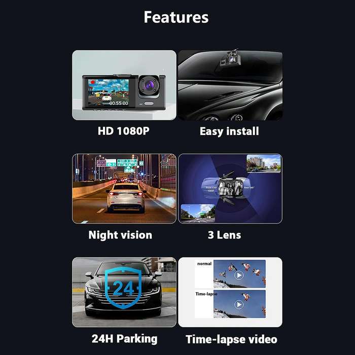 3 Camera Dash Cam 1080P 2 Inch Screen Dashcam Black Driver Recorder for Taxi CAR DVR Rear Camera Un