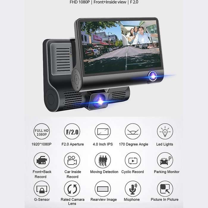 3 Cameras Lens 4.0 Inch Car DVR Camera Recorder FHD 1080P Night Vision Dash Cam Support Rearview Cam