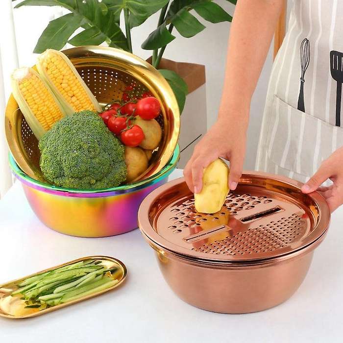 3 in Stainless Steel Drain Pot Food Chopper Vegetable Cutter Peeler Grater Kitchen Accessories-Rose