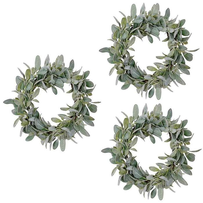 3 Pcs Spring Flocked Lambs Ear Wreath, Year Round Everyday Foliage Wreath On Grapevine Base with Gre