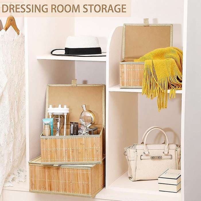 3 Storage Baskets with Lids-Bamboo Decorative Storage Boxes for Organization-Wicker Lid Basket with