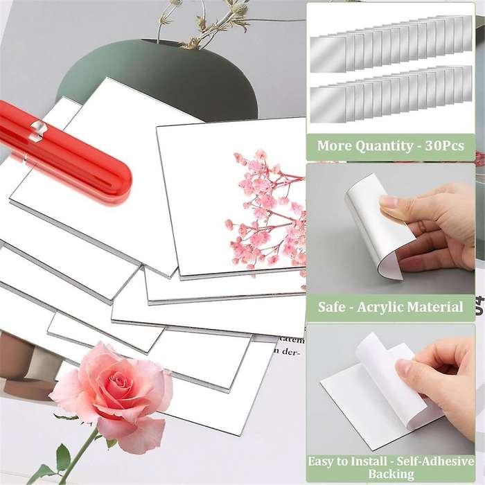 30 PCS Acrylic Mini Mirror Tiles Self Adhesive, 3 Inches Square High-Definition Tiny Mirror Tiles fo