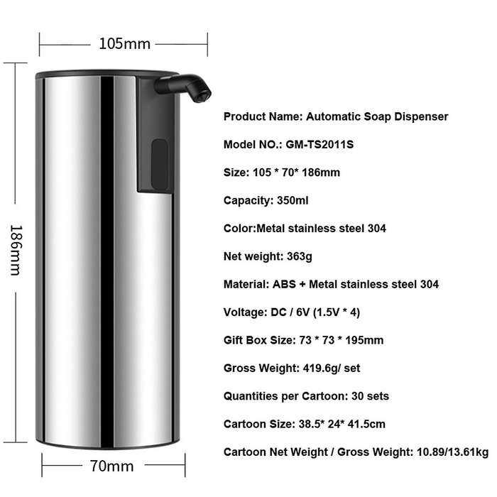 350ML Automatic Soap Dispenser,Four-Speed Adjustable Stainless Steel Soap Dispenser,Infrared Sensor