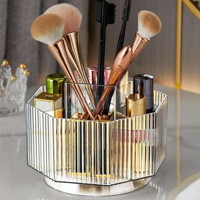 360 Rotating Makeup Organizer, Spinning Makeup Brush Holder with 5 Slot Cosmetic Display Case Skin C