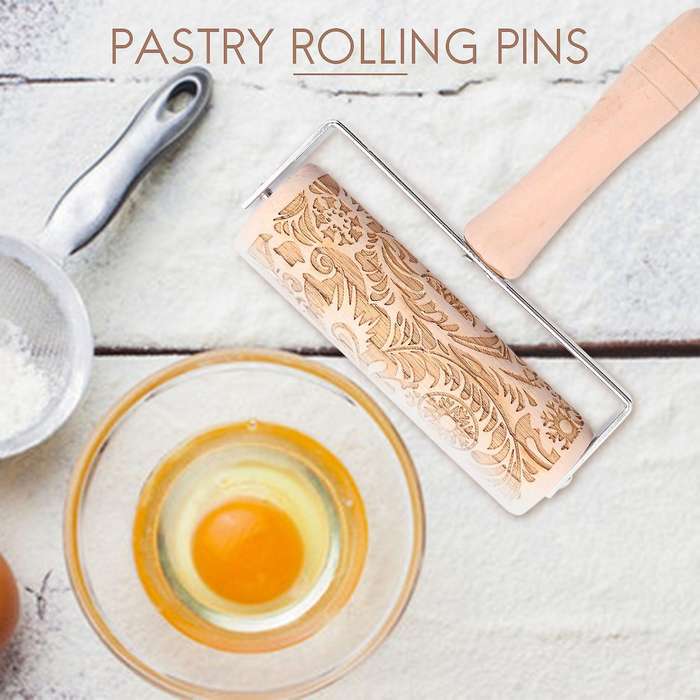 3d Engraved Rolling Pin Natural Wood Roller Pin with Classic Pattern for Kids Dough & Fondant Cooki