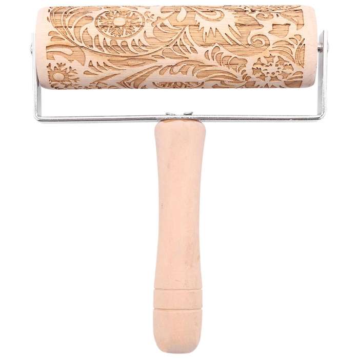 3d Engraved Rolling Pin Natural Wood Roller Pin with Classic Pattern for Kids Dough & Fondant Cooki