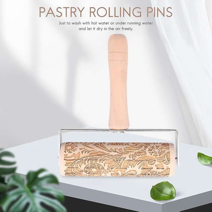 3d Engraved Rolling Pin Natural Wood Roller Pin with Classic Pattern for Kids Dough & Fondant Cooki