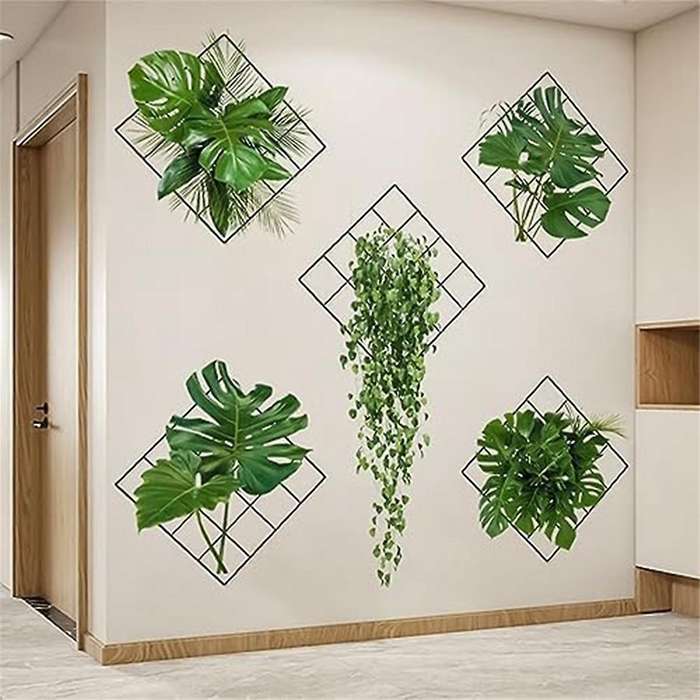 3d Green Plant Wall Sticker, Tropical Plants In Pots Decal for Kitchen Bedroom Bathroom Door Window