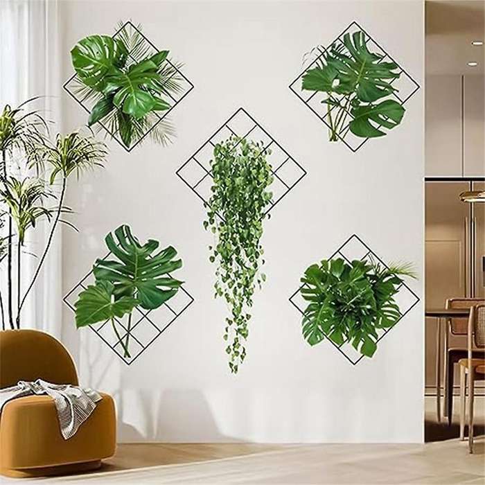 3d Green Plant Wall Sticker, Tropical Plants In Pots Decal for Kitchen Bedroom Bathroom Door Window