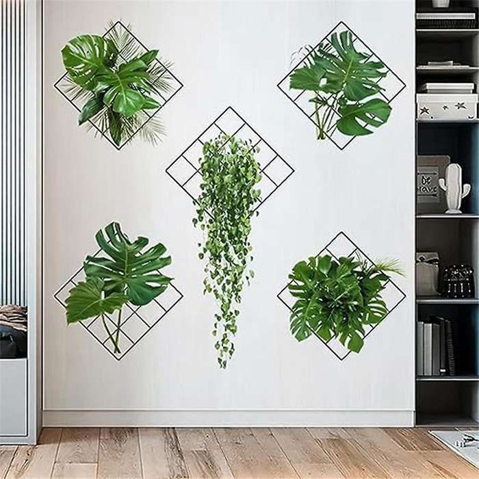 3d Green Plant Wall Sticker, Tropical Plants In Pots Decal for Kitchen Bedroom Bathroom Door Window