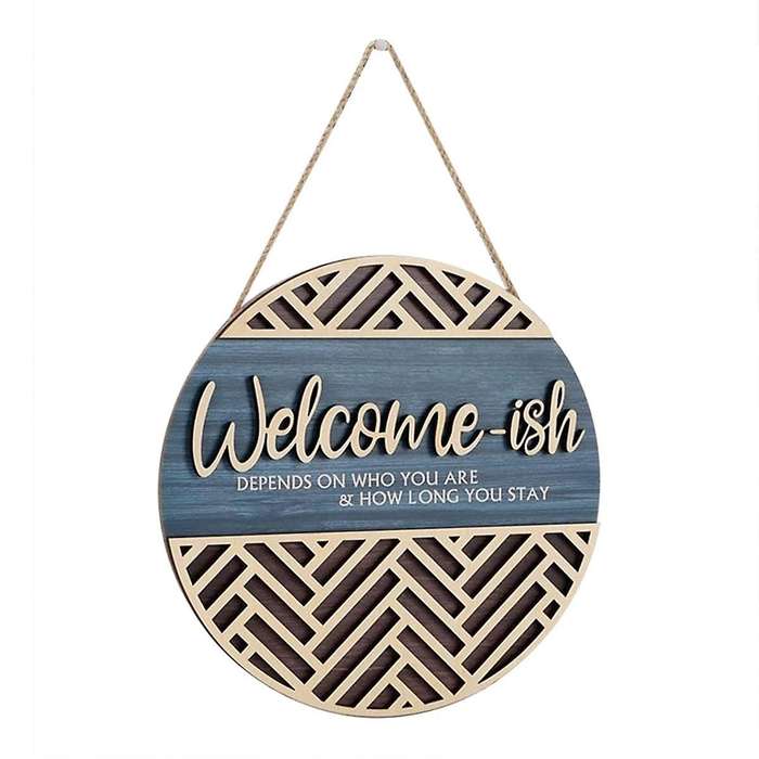 3d Welcome Hanging Sign Plaque for Front Door Wall Decor, Funny Welcome-ish Wooden Hanger, Rustic Mi