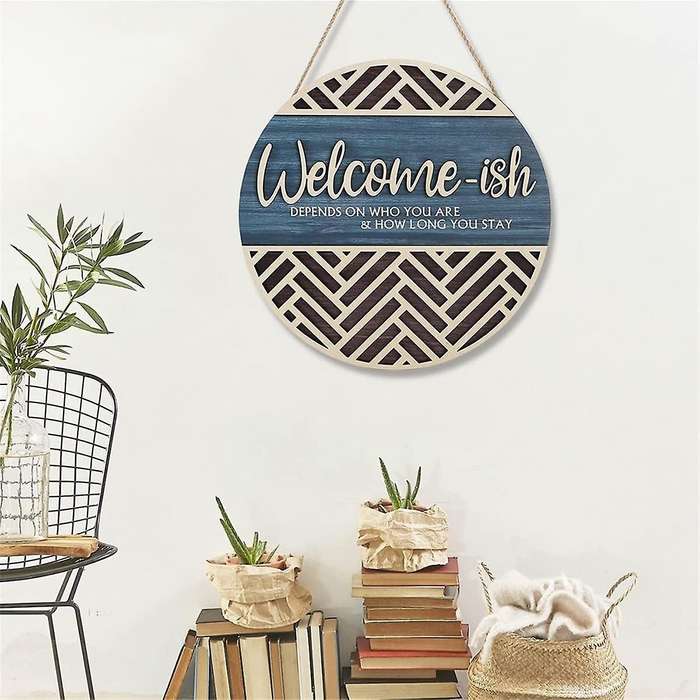3d Welcome Hanging Sign Plaque for Front Door Wall Decor, Funny Welcome-ish Wooden Hanger, Rustic Mi