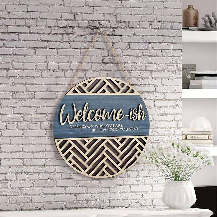3d Welcome Hanging Sign Plaque for Front Door Wall Decor, Funny Welcome-ish Wooden Hanger, Rustic Mi