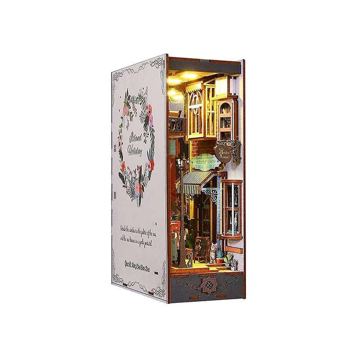 3D Wooden Puzzle Bookends, DIY Book Nook Kit, Holiday Model Kit Insert Decor with Sensor Light, Dec