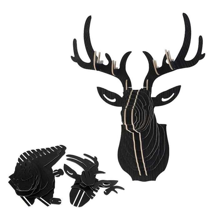 3D Wood Carving Deer Head Decoration Wall and Hook Door Necklace Hat Key - Black