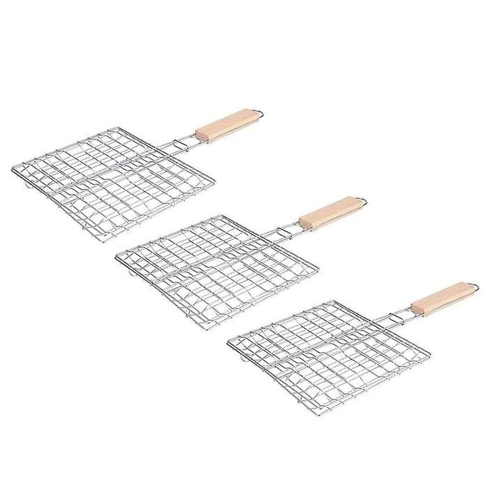 3PCS Barbecue Grilling Basket Barbecue Net BBQ Tool with Wooden Handle for Vegetables Fishes
