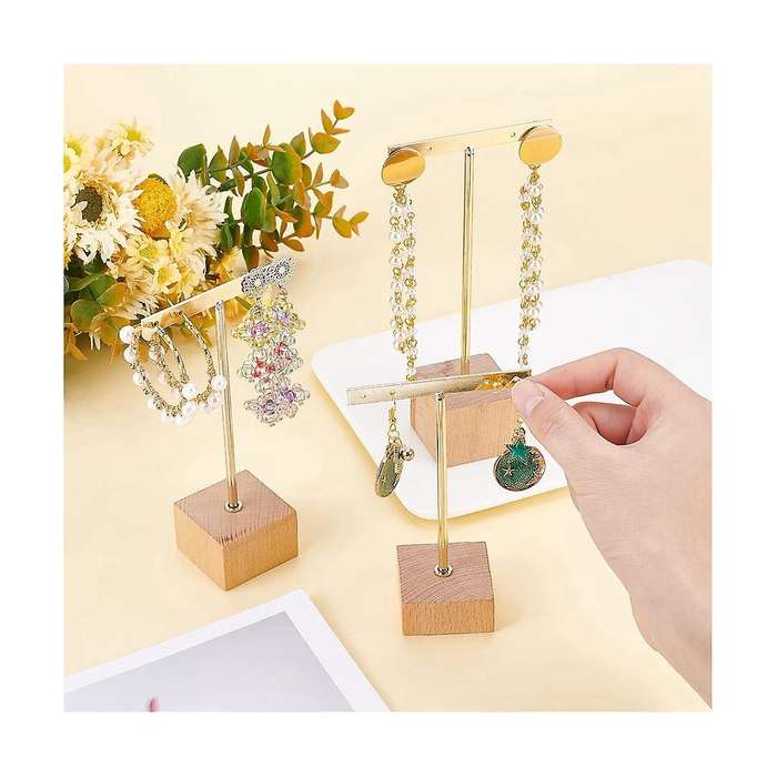 3pcs Gold Metal T Bar Earring Display Stand with Wooden Square Base 4 Holes Jewelry Holders Hanging