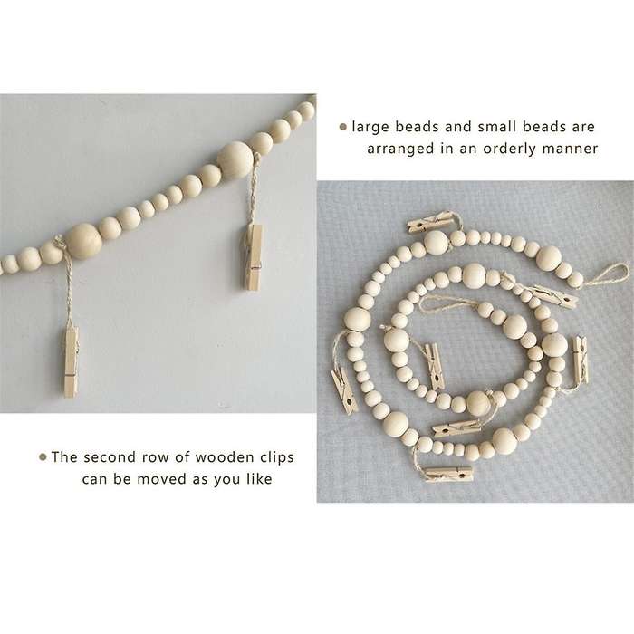 3pcs Hanging Photo Display Wall Decor, Boho Wooden Bead Garland Collage Picture Frame with 7 Wood Cl