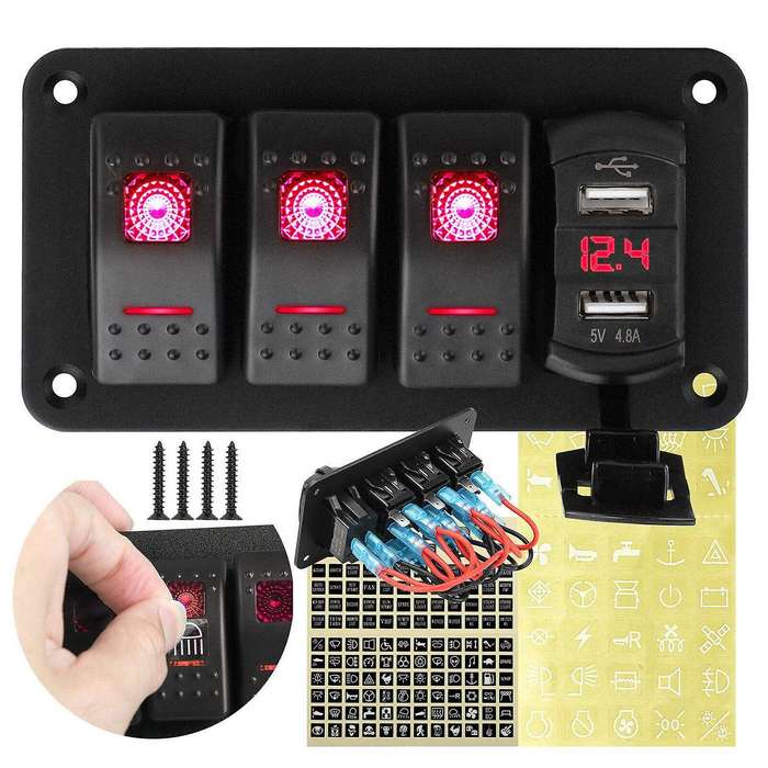 4 Gang Toggle Rocker Switch Panel with USB for Car Boat Marine RV Truck Red LED