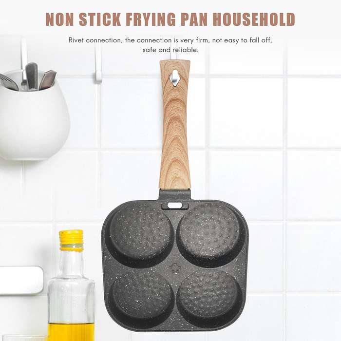 4 Holes Egg Frying Pan Multifunction Hamburger Steak Non Stick Pan Wooden Handle Cooking Pan Cookin
