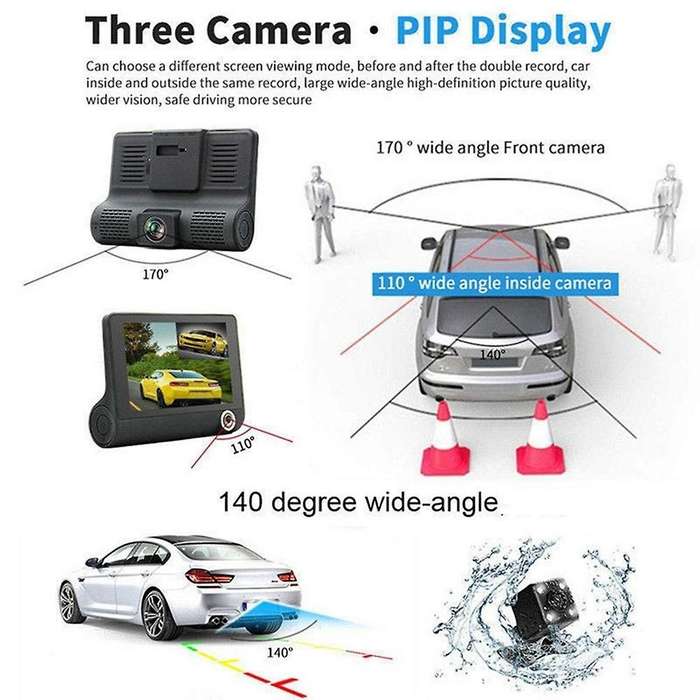 4 Inch Car Dvr Dashcam Dash Camera Hd Screen 1080p 3 Lens Video Recorder Front + Interior+rear View