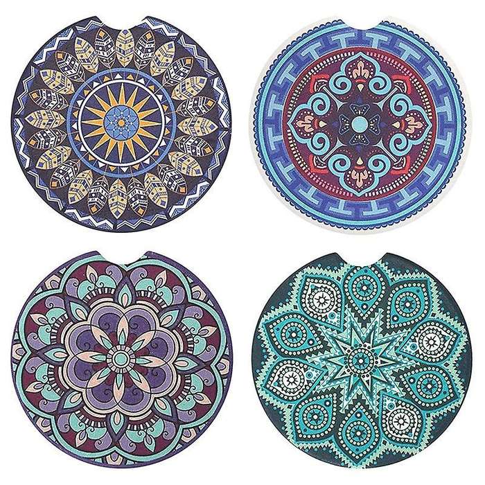 4 Pack Car Coasters for Drinks Absorbent, Mandala Ceramic Car Cup Holder Coaster for Your Car with F