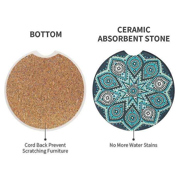 4 Pack Car Coasters for Drinks Absorbent, Mandala Ceramic Car Cup Holder Coaster for Your Car with F