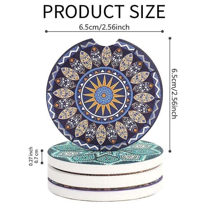 4 Pack Car Coasters for Drinks Absorbent, Mandala Ceramic Car Cup Holder Coaster for Your Car with F