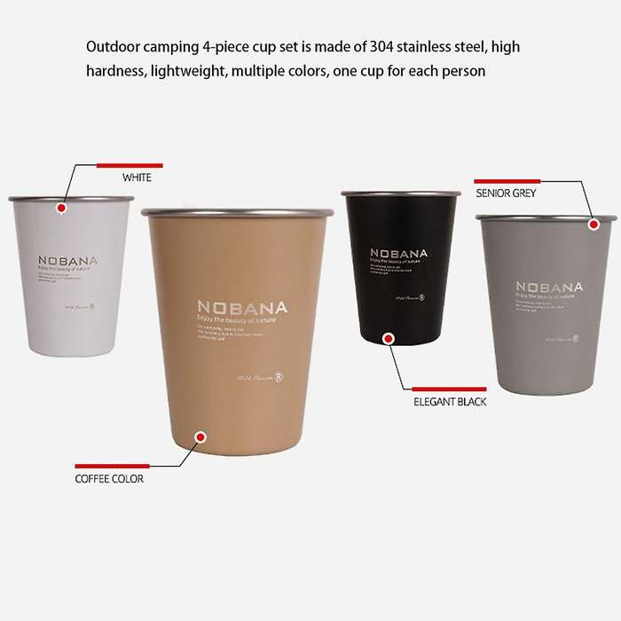 4 Pcs 350ML 304Stainless Steel Camping Cup Mug Camping Hiking Portable Tea Coffee Beer Cup with Blac