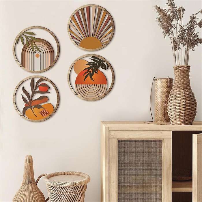 4 Pcs Boho Wall Art Wooden Wall Decor Hanging Art Nursery Wall Decor Farmhouse Geometric Hanging Dec