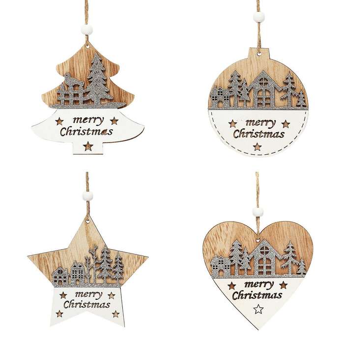 4 Pcs Christmas Pendant, Wooden Hanging Ornaments Crafts Christmas Tree Home Holiday Decoration