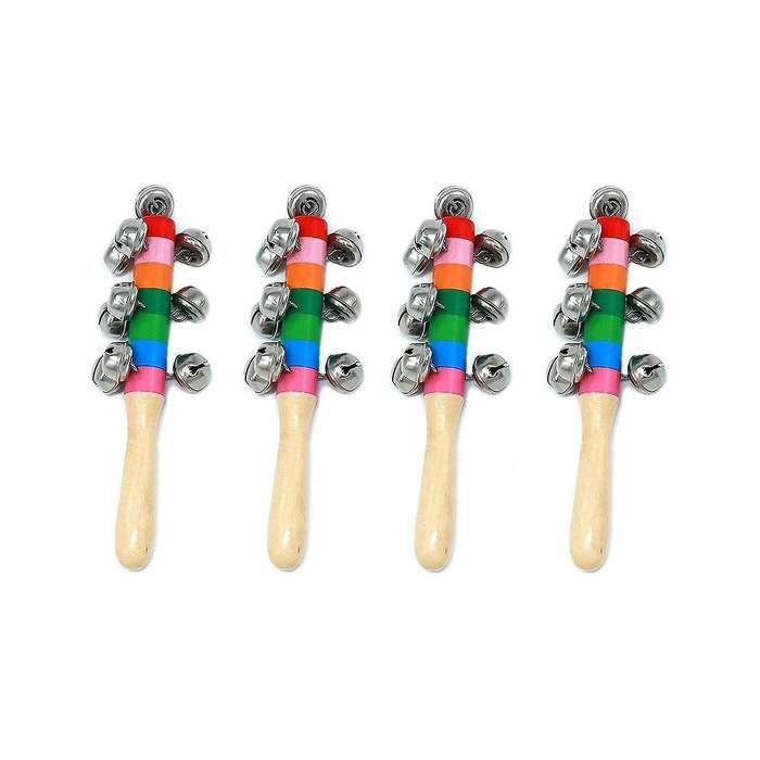 4 Pcs Hand Jingle , Rainbow Handle Wooden Jingle Stick Shaker Rattle Baby Kids Children Musical