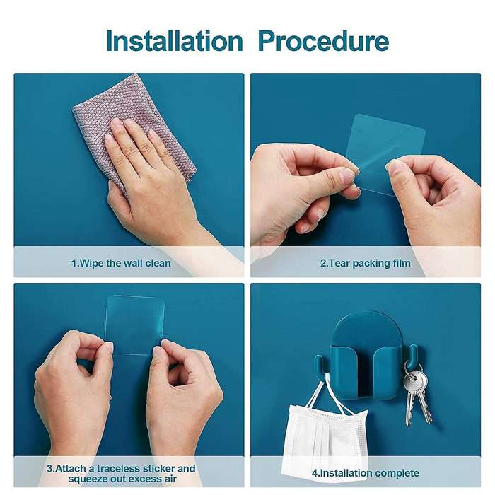 4 PCS Wall Mount Mobile Phone Plug Holder with Hooks for Bedside Wall Adhesive Cell Phone Charging B