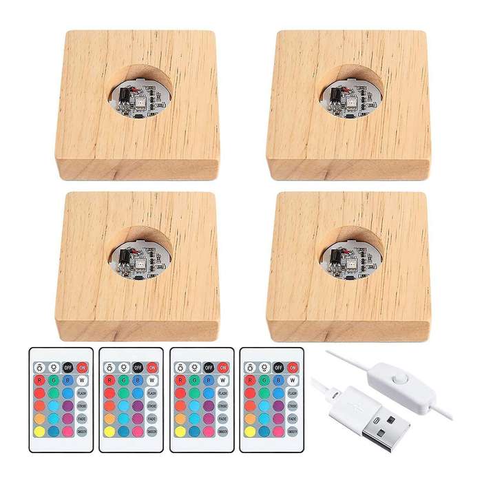 4 Pcs Wooden Led Night Light Base Display Lamp Base Stand with Remote Control for 3d Crystal Glass