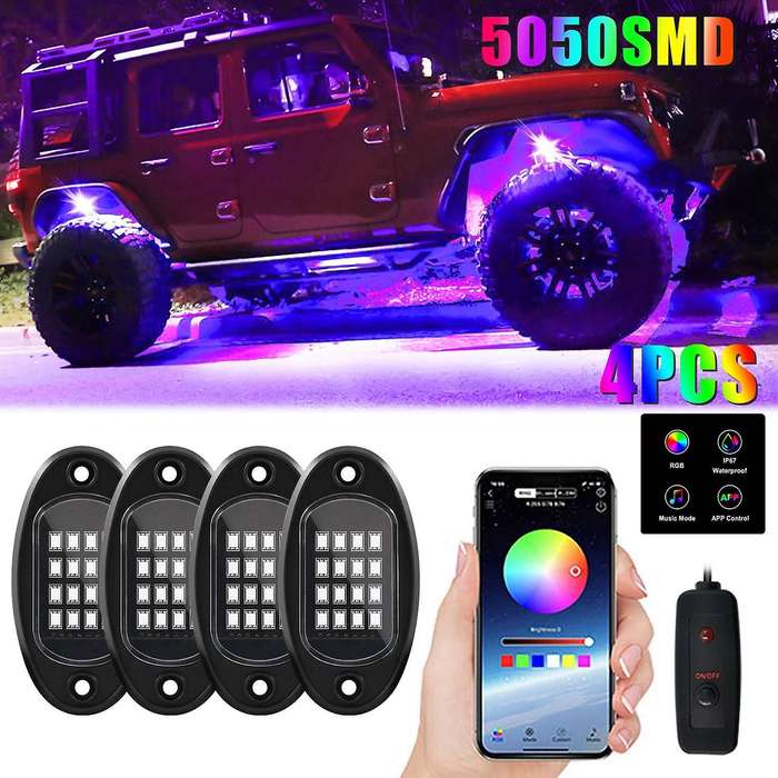 4 Pods RGB LED Rock Lights Kit Underglow Multicolor Neon Light Pod with Bluetooth App Control for Tr