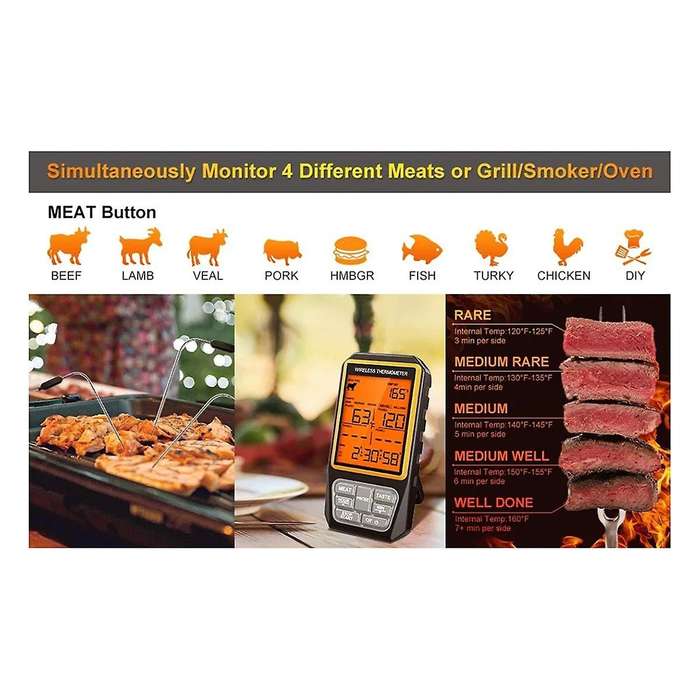 4 Probes Backlight LCD Display 100M Wireless Range Digital Kitchen Cooking BBQ Oven Meat Thermometer