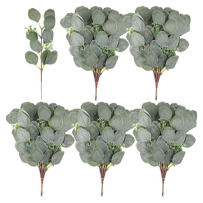 40 Pieces Artificial Eucalyptus Leaves Greenery Stems Branches with Fruit, Silver Dollar Dried Plant