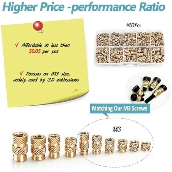 420Pcs M3//M5 Threaded Inserts Assortment Kit for Components,Brass Knurled Nuts,Insert By Heat Into