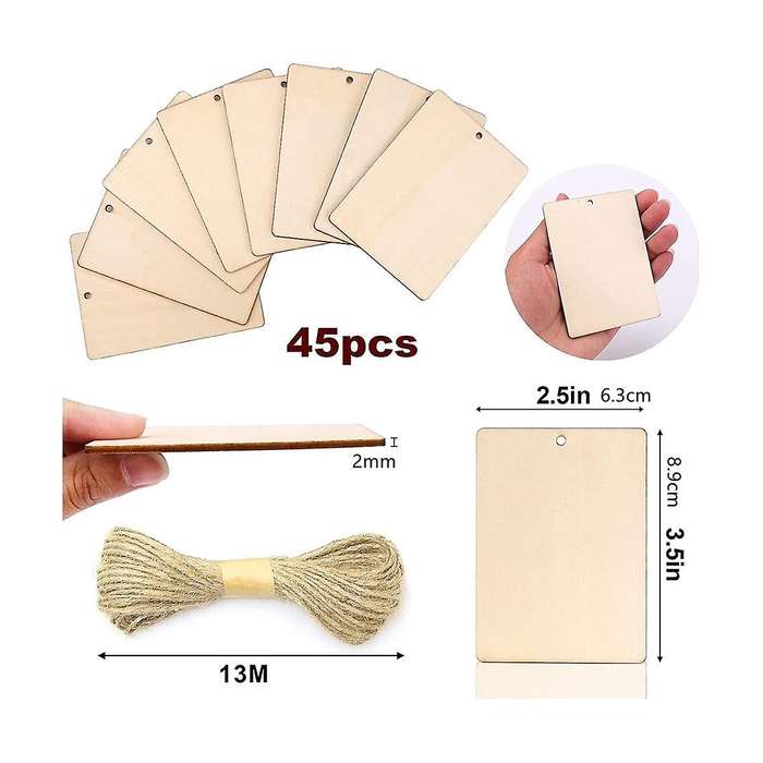 45pcs Blank Wooden Tags, 3.5 X 2.5inch for Crafts with Holes and 42.65 Ft Twine, for Christmas Gift