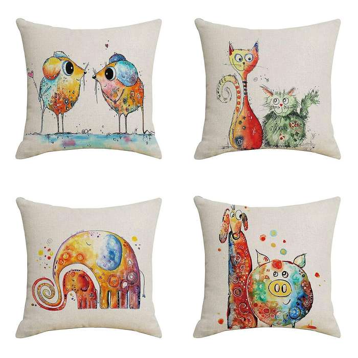 45X45CM Set of 4 Watercolor Cartoon Animals Cushion Covers Decorative Home Sofa Living Bedroom Car S